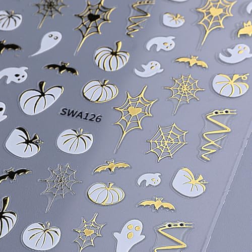 Halloween Nail Art Stickers Set - Gold2 3D Self-Adhesive Pumpkin Ghost Spider Web Decor