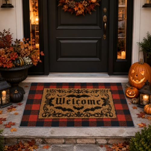 Brown Halloween Door Mat Set - Bat Welcome Doormat & Checkered Entry Rug