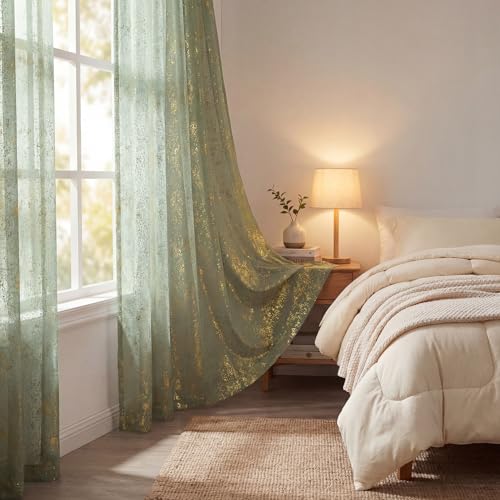 Sage Green Sheer Curtains 52x84in Set of 2 with Gold Sequin Accents - Room Decor
