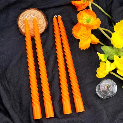 Orange Spiral Taper Candles - 10 Inch Unscented Dripless Twisted Candlesticks for Fall Halloween & Holiday Decor - 6 Pack