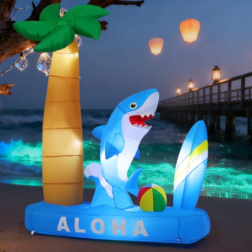 Inflatable Shark Pool Decor with Palm Tree & LED Lights - Summer Yard Decoration