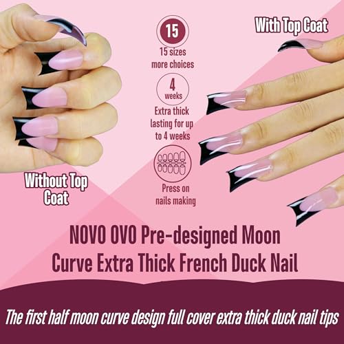 Medium Black French Tip Duck Nail Tips Set - 150pcs, Full Cover, Moon Curve, Soft Gel