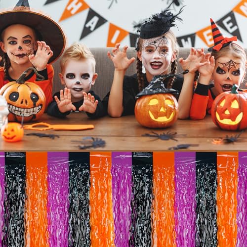 Foil Fringe Tinsel Table Skirts 2 Pack Halloween Party Decorations - Black, Purple, Orange