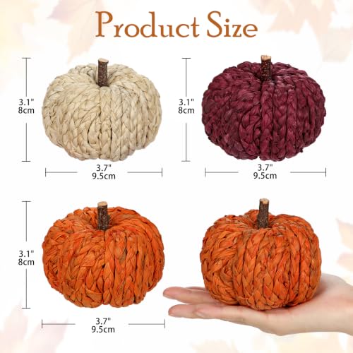 Fall Pumpkin Decor Set - 3 Woven Rattan Artificial Pumpkins for Autumn Home Decoration - White, Orange, Red