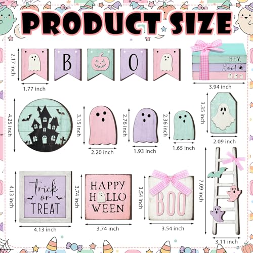 Halloween Tiered Tray Decor Set - Pastel Ghost & Bat Wooden Signs, 19 Pieces