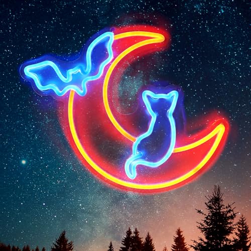 Halloween Neon Sign Wall Decor - Moon Bat Cat Theme, Adjustable Brightness - Style A