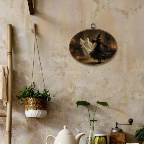 Halloween Ghost Witch Oval Wall Art Canvas Hanging Decor - Dancing1