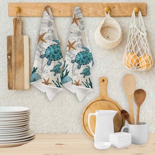 2 Pack Coastal Sea Turtle Hand Towels - Beach Ocean Nautical Kitchen & Bathroom Decor