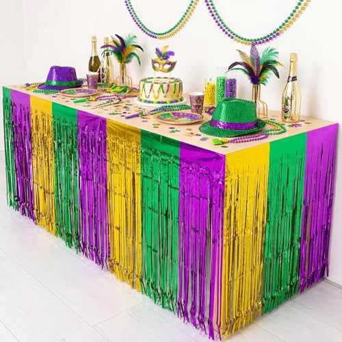4 Pack Mardi Gras Metallic Foil Fringe Table Skirts - Gold, Green, Purple