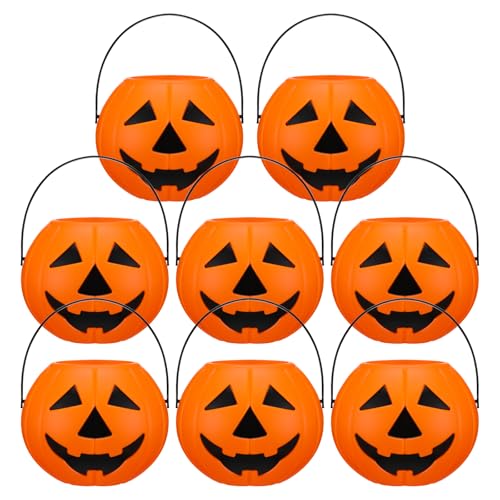 Halloween Pumpkin Buckets 8 Pack - Plastic Trick or Treat Candy Baskets - Funny