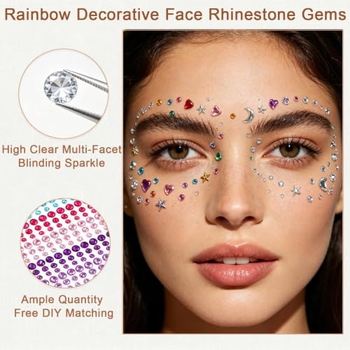 Rainbow Self-Adhesive Face Gems Set - 5 Sheets for Festival & Party Makeup