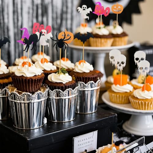 Halloween Cake Decorations Boo 24PCS Ghosts Bats Skeletons Spiders Cake Picks