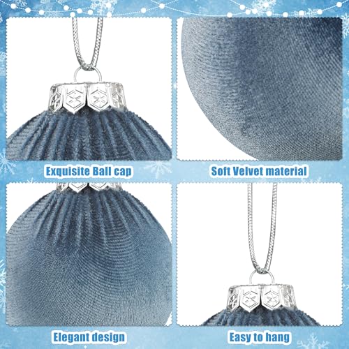 12PCS Velvet Christmas Ornaments Set - Gray Blue Flocked Plastic Holiday Balls
