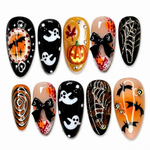 Halloween Press On Nails Medium Almond Ghost Bat Gothic Fake Nails - Variation 3