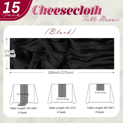15 Pack Black Cheesecloth Table Runners - 17 x 108 Inches Rustic Wedding Party Decor
