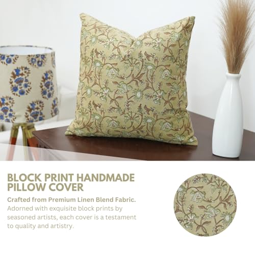 Light Green Handmade Block Print Pillow Cover 16x16 Inches Throw Cushion for Sofa