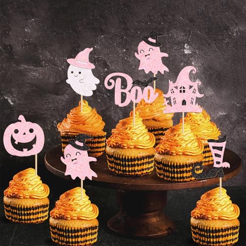 Pink Ghost Boo Cupcake Toppers - 24Pcs Halloween Cake Picks - Pink Castle Variation