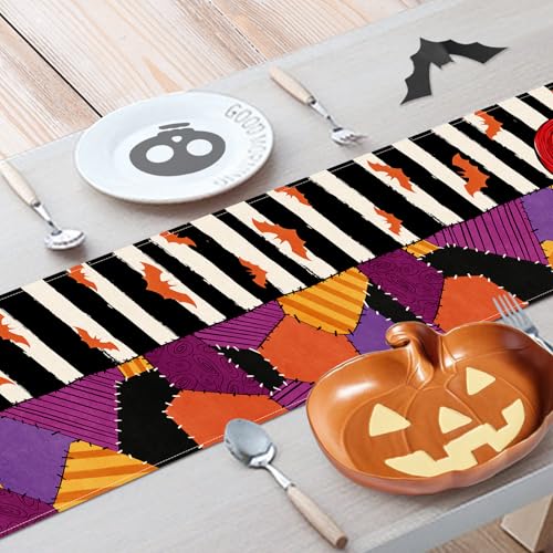 Halloween Jack Table Runner - Black White Stripes Patch Bat, 13 x 72 Inches