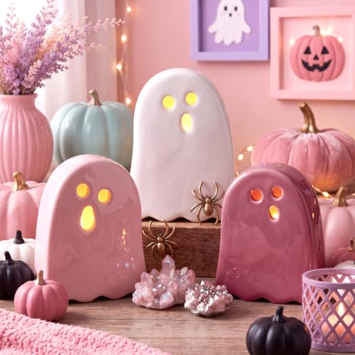 Pink Halloween Ghost Ceramic Decorations with Tea Light Candles - Variation of Ghost