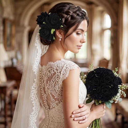 Black Velvet Roses Artificial Flower Heads - 18pcs Faux Roses with Stems for Gothic Wedding & Halloween Decor