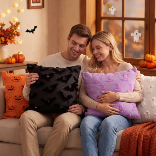 Halloween Throw Pillow Covers Set - 4 pcs 18x18 Inch Autumn Embroidered Decor