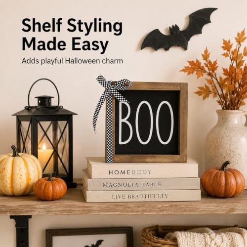 Halloween Boo Sign Wall Decor - 6-Inch Wooden Tiered Tray Shelf