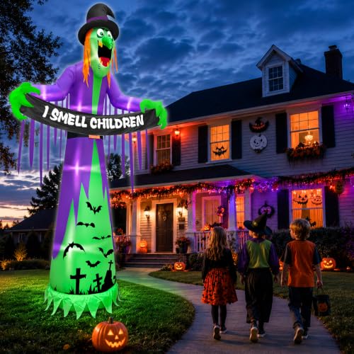 12FT Giant Halloween Inflatable Witch with LED Lights & Banner for Outdoor Decor