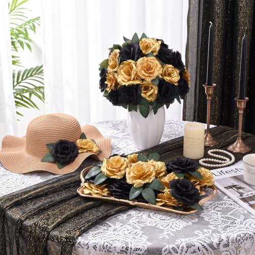 Artificial Black and Gold Roses Set - 120 Silk Flowers with Stems & Leaves