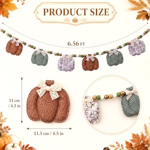 Fall Fabric Pumpkin Garland 8.2 ft - Orange, Green & Beige with Lace Bows
