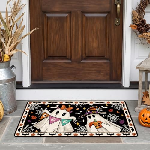 Halloween Door Mat Set of 2 - Non-Slip Cute Boo Ghost Doormats - Fall Decor