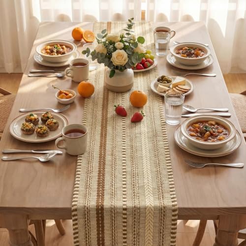 Artoid Mode Coffee Farmhouse Stripe Braided Table Runner 12x72 Inch - Light Coffee
