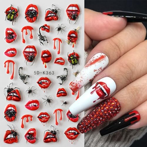 Halloween Nail Art Stickers 5D Embossed Horror Design - Colorful, 2 Sheets