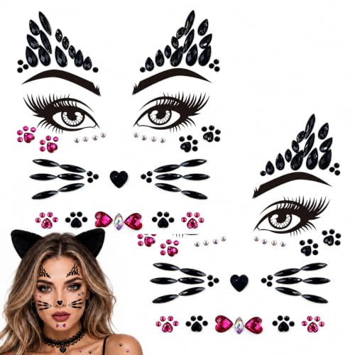 Cat Face Gems Stickers for Halloween Makeup and Costumes - 2 Sheets