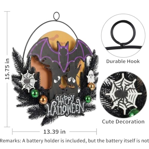 Pre-Lit Halloween Wreath for Front Door with Bat Decoration, Lighted Witch, Timer Function