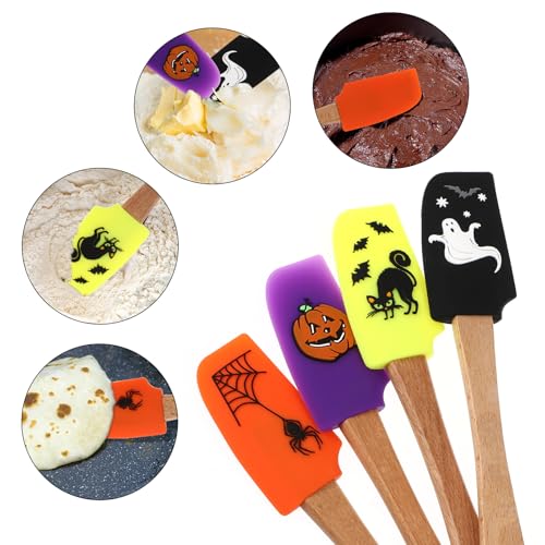 Halloween Silicone Spatula with Wooden Handle Cat Pumpkin Pattern Baking Utensil