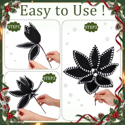 Artificial Christmas Poinsettia Flowers Set - Black & White, 12 Pack