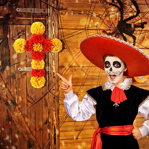 Day of the Dead Marigold Cross Decoration - Orange & Yellow, 15.7x11.8 inches