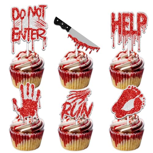 Halloween Cake Topper Picks 18pcs Red Glitter Party Decorations