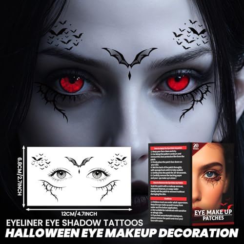 Halloween Eye Shadow Temporary Tattoos for Adults - Black, 20 Pairs, Easy Application