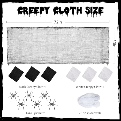 30x72 Halloween Creepy Cloth Set - 3 Black & 3 White Spooky Fabric, 6 Pieces with Spiders & Web