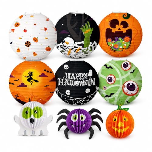 Halloween Paper Lanterns Set with 3D Shapes and Spooky Patterns - Indoor Outdoor Decor
