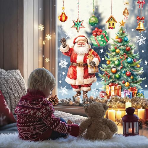 Christmas Window Clings Set - 4 Sheets Large Santa Snowman Holiday Decals for Glass & Mirrors