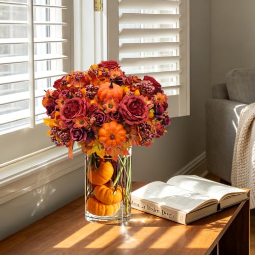 Fall Artificial Flower Bouquet with Pumpkin Accents - Red, 3 Bundles Autumn Decor