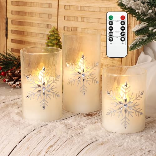 MELTONE Christmas Snowflake LED Flameless Candles Set - Warm White Flickering Wax Candles with Remote