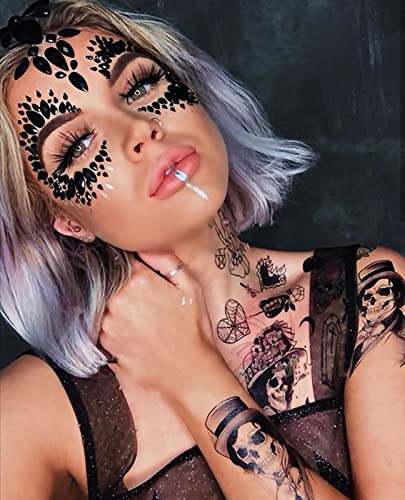 Black Halloween Face Gems Collection 3 - 2 Sheets Resin Glitter Stickers for Face Makeup & Decorations