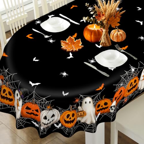 Black Halloween Pumpkin Ghost Oval Tablecloth 84x60 Inches - Festive Home Decor