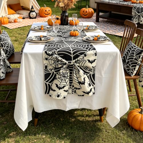 Halloween Spider Web Table Runner with Bow - Design 9, 13x72 Inch, Holiday Decor