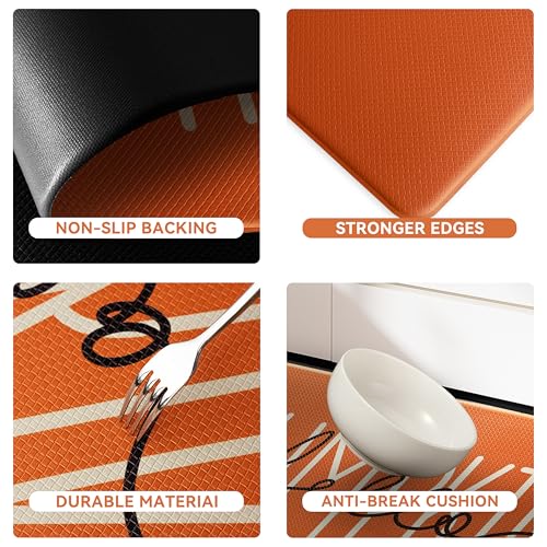 Autumn Pumpkin Kitchen Rug Set - Waterproof Non-Slip Anti-Fatigue Mats, 17.3x29 + 17.3x47 Inches - Orange, Rectangular, 0.4H