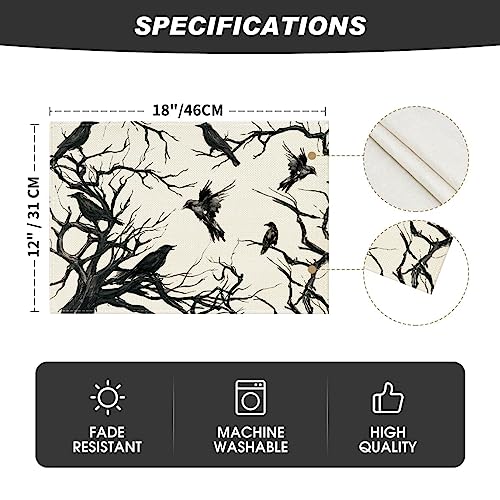 12x18 Inch Halloween Crows Tree Branches Placemats Set of 8 - Seasonal Fall Table Decor