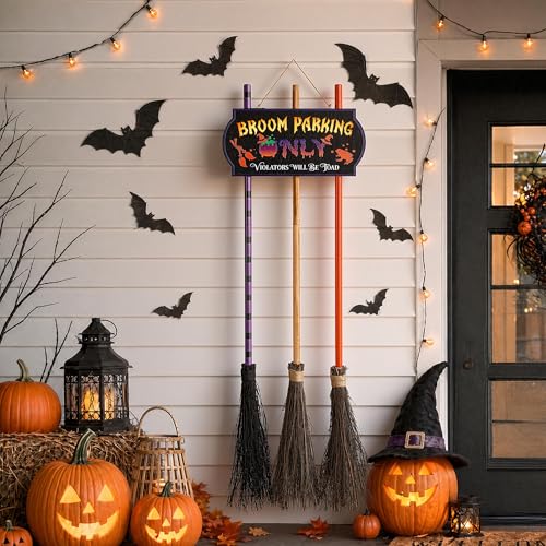 Halloween Light-Up Broom Parking Sign with 3 Witch Brooms - Indoor & Outdoor Decor
